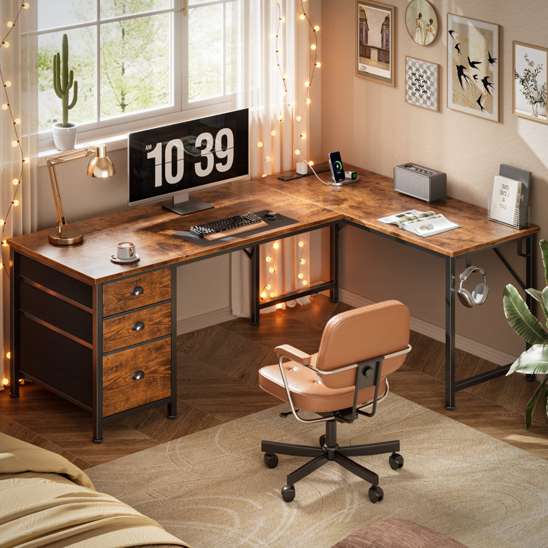 Bureau d'ordinateur en L avec prises de courant et tiroirs de rangement, bureau de jeu réversible pour bureau personnel