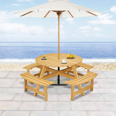 Table de pique-nique d'extérieur pour 8 personnes, table de pique-nique ronde pour 8 personnes avec 4 bancs intégrés, trou pour parasol, ensemble de table et banc d'extérieur pour le jardin, la cour, le porche, le patio