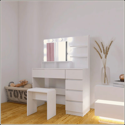Vanity, Makeup Vanity Desk Set With Mirror & Light, Dressing Table Storage Lots With Power Strip, 3 Lighting Modes With Adjustable Brightness, 37 Inches  (White With Stool)