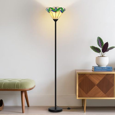Lampe sur pied en vitrail avec motif de feuille d'arbre, lampe sur pied torchère de style rétro, grande lampe de poteau d'angle avec interrupteur au pied, lampe de lecture décorative antique pour la chambre du salon (base E26)
