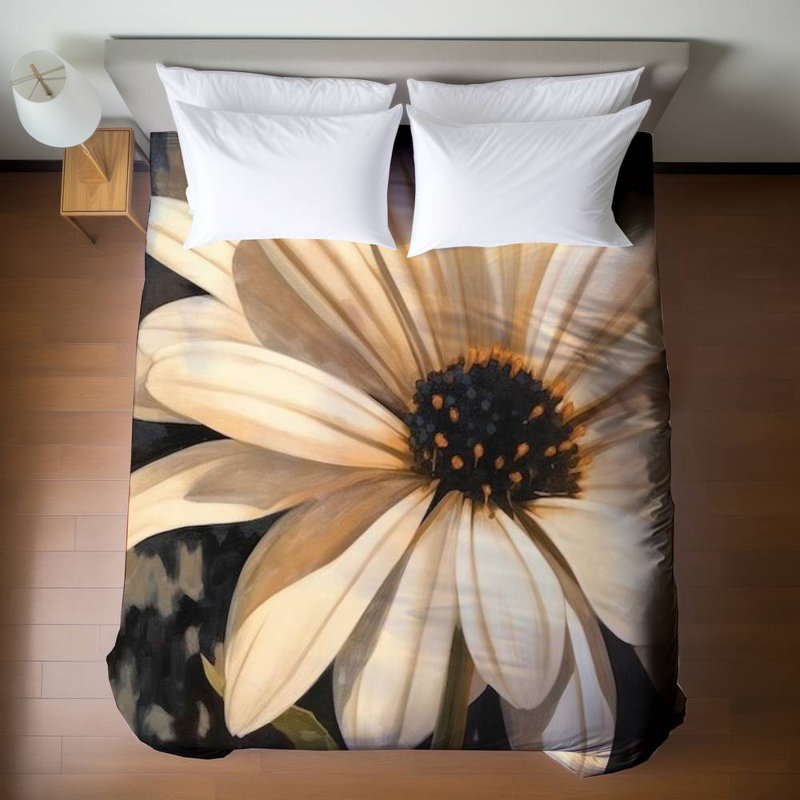 Black Flower Queen Duvet Cover - Open Daisy White Botanical