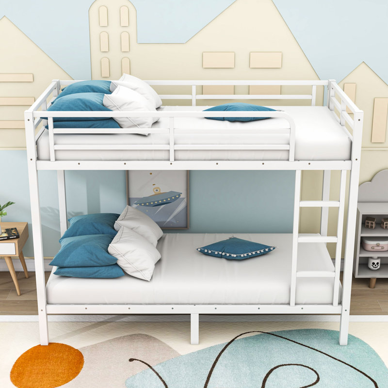 Metal Bunk Bed With Guardrails And Ladder, White, Twin XL Over Twin XL