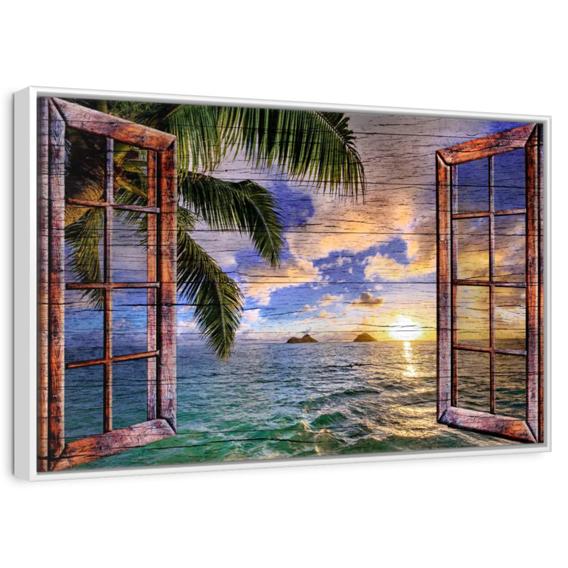 Vue de fenêtre en bois tropical, Cadre flottant blanc, 37 po x 25 po