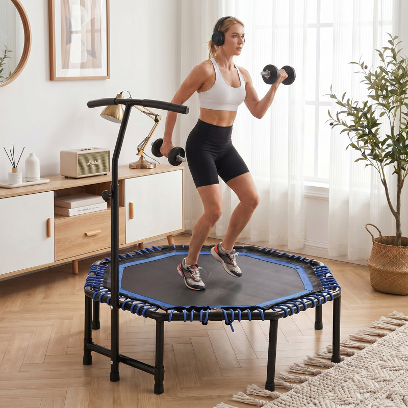 Trampoline de forme physique pliable de 48 po avec guidon réglable, rebond à l'élastique silencieux, capacité de 330 lb pour l'entraînement cardio, la gymnastique à la maison et l'exercice à l'intérieur