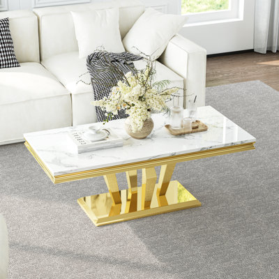 46.8" Rectangle Faux Marble Coffee Table With Stainless Steel Frame