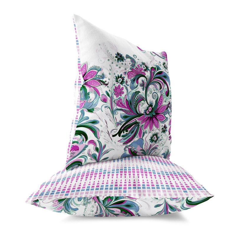 Green and Lavender Floral Faux Suede Square Throw Pillow