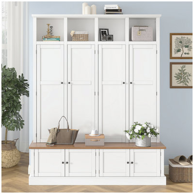 Arbre d'entrée 76,7 po Farmhouse avec banc et armoire, banc d'entrée 4 en 1 avec portemanteau, organisateur de rangement de vestibule moderne avec casiers ouverts et crochets pour le couloir, l'entrée et le salon