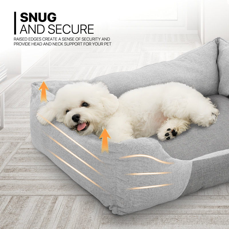 Large Light Gray Linen-Feel Rectangular Dog Bed with Raised Sides