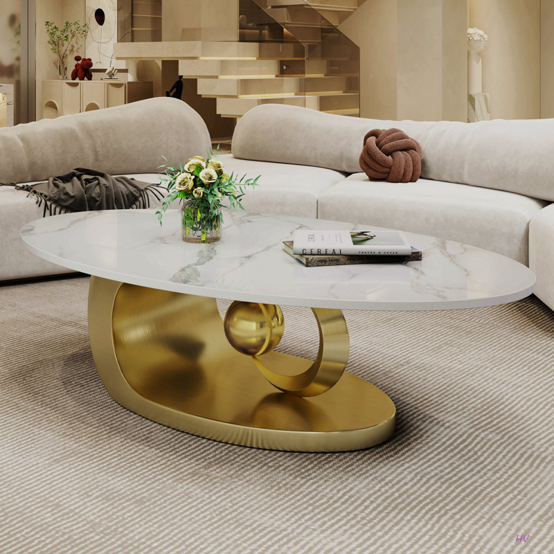 Table basse en marbre avec base sculpturale en acier inoxydable, Doré