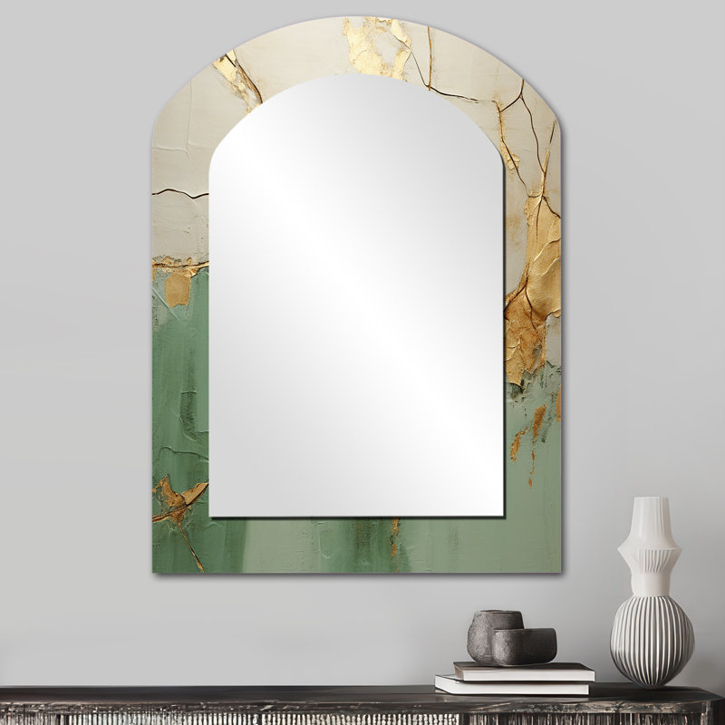 Green Gold Minimalism Poteries - Abstract Spirals Arch Unique Wall Mirror Decor, Green Asymmetrical Large Mirror, Printed Metal Art