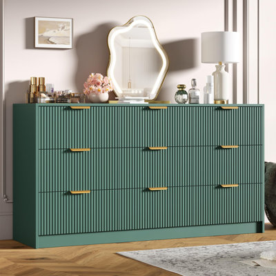 Commode 9 tiroirs cannelée Modern - commode de 59 pouces de largeur avec poignées en métal doré, grand meuble télé multifonctionnel pour la chambre à coucher, le salon, l'entrée, le couloir (vert)