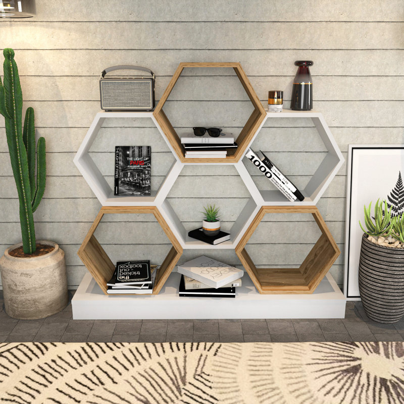 Bibliothèque moderne moderne, blanche et chêne, 47,2 x 11,6 x 42,9 pouces | 100% panneau de particules enduit de mélamine, épaisseur: 0,7 pouce | Solution de rangement élégante pour la maison et le bureau, design durable et élégant