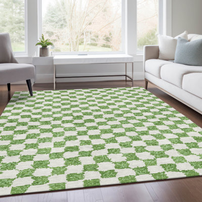 Machine Washable Indoor/Outdoor Xhevrie Green Rug