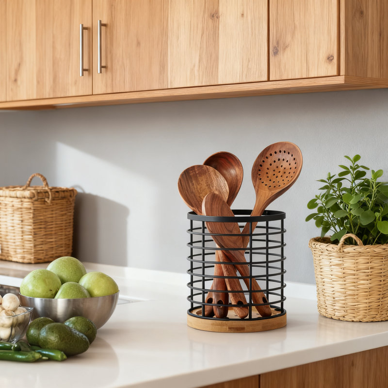 Grand organisateur de porte-ustensiles de cuisine avec maille en métal antirouille et base en bois, conception ouverte pour un accès facile et un séchage rapide, rangement sur le comptoir pour les cuillères à spatules, les fouets et plus encore