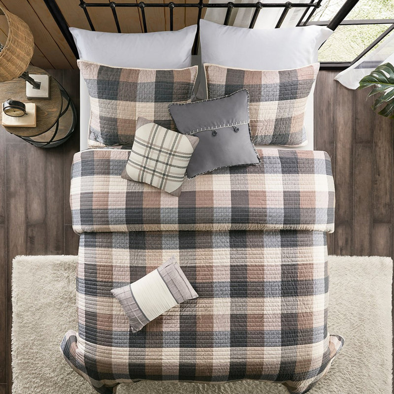 Courtepointe 6 pièces pour très grand / très grand lit, chevrons neutres, motif écossais Buffalo, coussin lavable à la machine imprimé chevrons, neutre, bordure, 3 coussins avec tous les détails de broderie