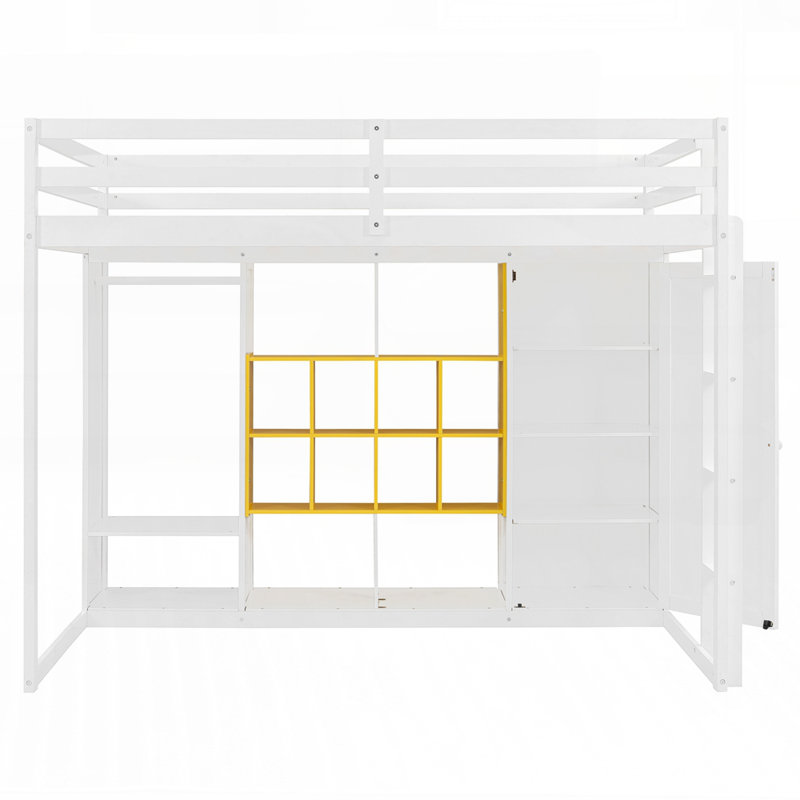 Lit mezzanine en bois avec tablettes de garde-robe intégrées et armoire pour des solutions de rangement peu encombrantes