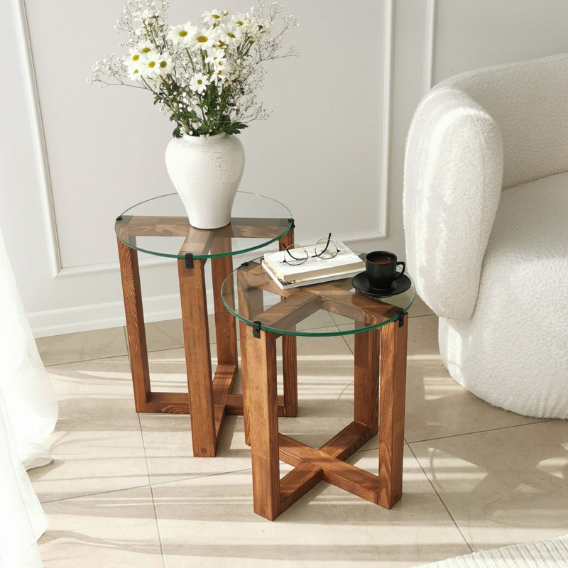 East Urban Home Lili Glass Cross Legs Nesting Tables | Wayfair