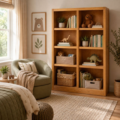 Backacre Double Wide Wood Bookcase, 8 Bookshelf,  48 inch Tall Storage and Display Bookshelf for Home Office and Living Room