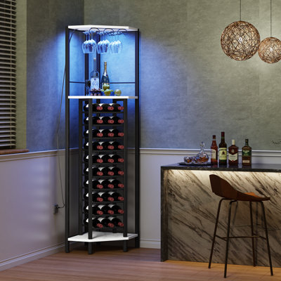  Corner Wine Rack with Glass Holder and Led Strip Light, Corner Bar Wine Racks Freestanding Floor, Industrial Corner Bar Cabinet for Kitchen, Dining Room, Living Room or Cellar