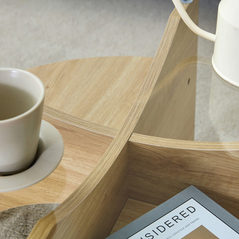Table basse ronde en verre avec base en éventail Levi, Bois naturel