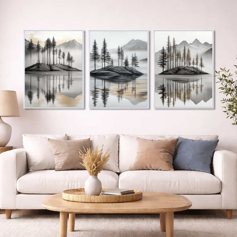 «Elegant Forest Island View I - Lake», art mural, ensemble de 3, 32" H x 72" W, White Floater Framed