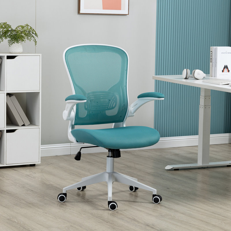 Modern Ergonomic Mid Back Mesh Office Chair with Adjustable Lumbar Support and Flip-Up Arms, White/Light Blue