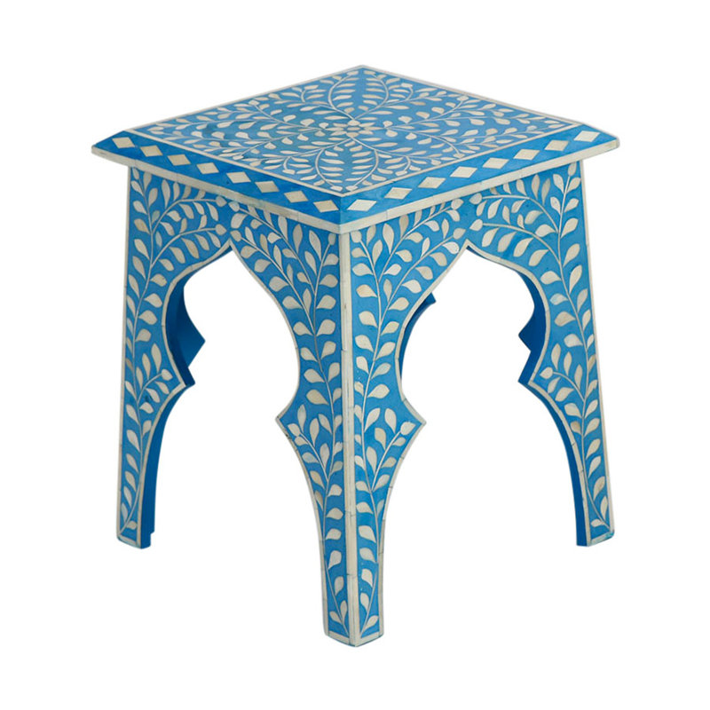 Sky Blue Solid Wood Rectangular End Table with Bone Inlay