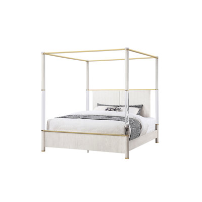 Très grand lit à baldaquin contemporain avec poteau en acrylique et or, couleur principale chêne, revêtement, bois massif et matériau, profondeur 85 po, largeur 80, hauteur 60, accent lourd 244,2 lb