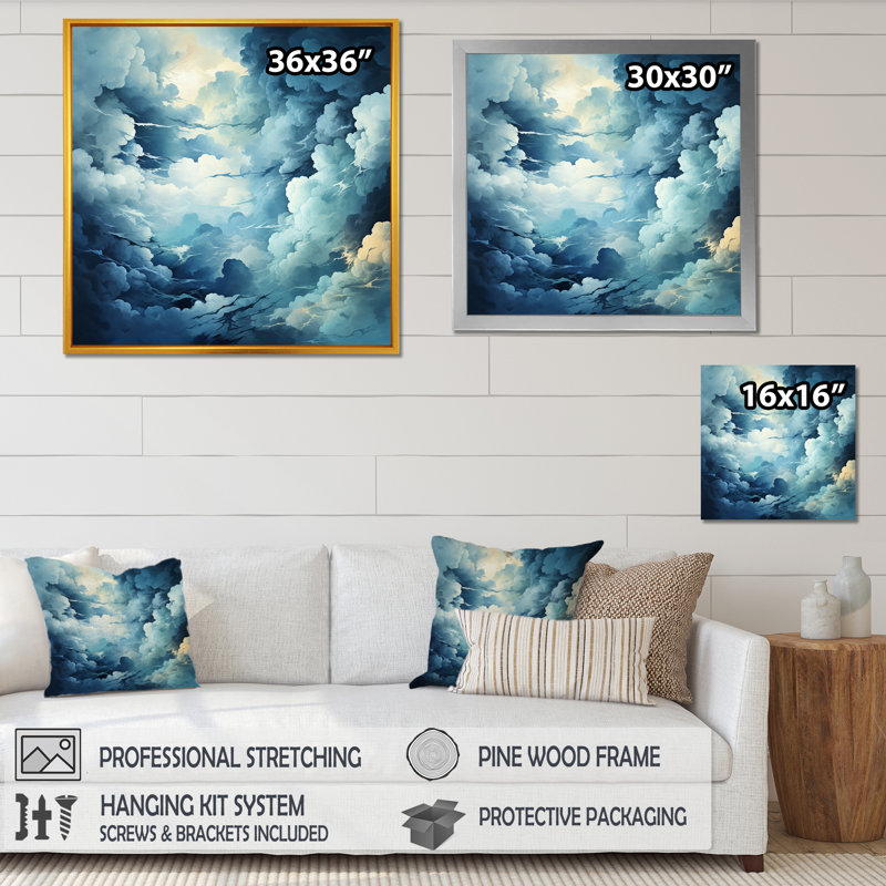 Tempête de nuages bleus et blancs sur toile, H 24 po x l 24 po x P 1 po, Cadre naturel flottant