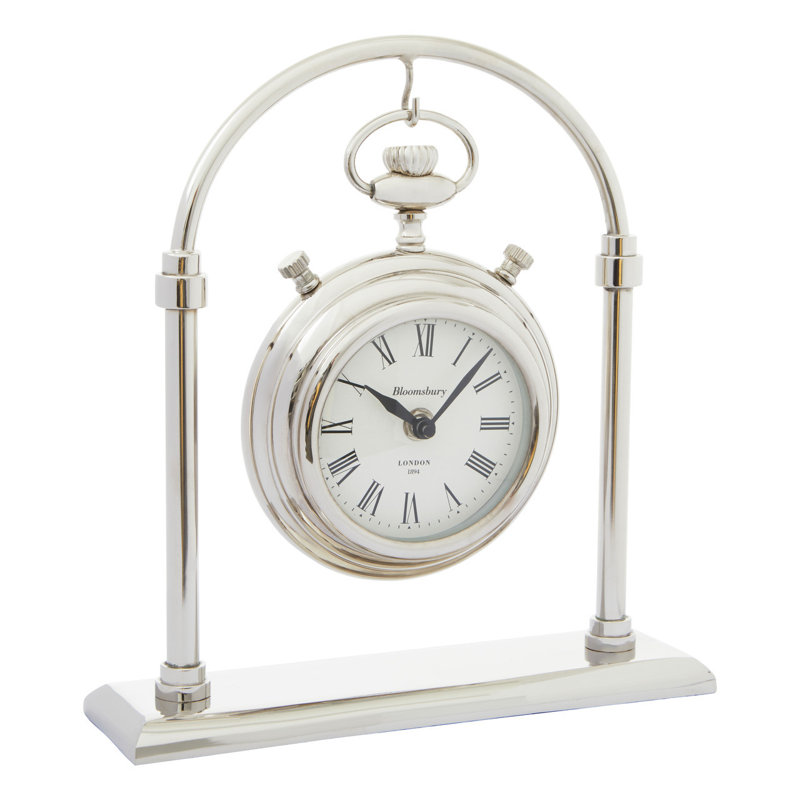 Roman Numeral Metal Mechanical Tabletop Clock in Silver, 28cm H x 26cm W x 7cm D