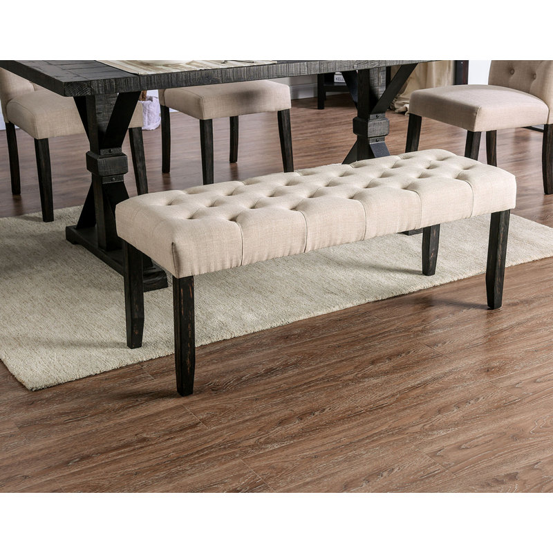 Classic Ivory 1PC BENCH Button Tufted Linen Like Fabric Solid Wood Chair Upholstered Seat Breakfast Rustic Dining Room Furniture