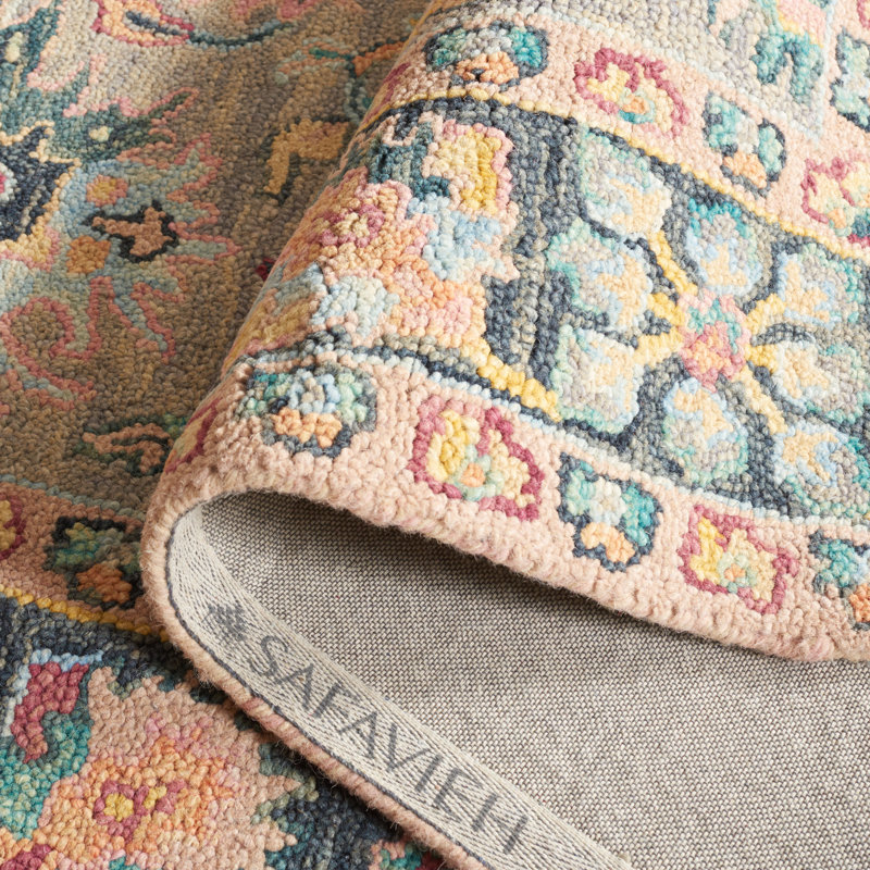 Creasman Oriental Hand Tufted Wool/Cotton Area Rug in Pink/Gray, Square 7"
