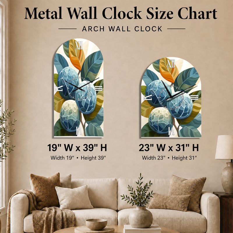 Limes in Summer Light - Horloge murale silencieuse en métal bleu arqué pour cuisine, H 39 po x l 19 po - Arche
