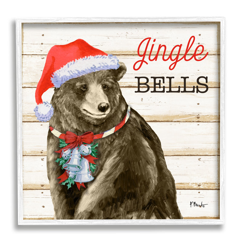 Rustic Jingle Bells Bear par Paul Brent, Giclée encadrée blanc bord de mer, H 24 po x l 24 po x P 1,5 po