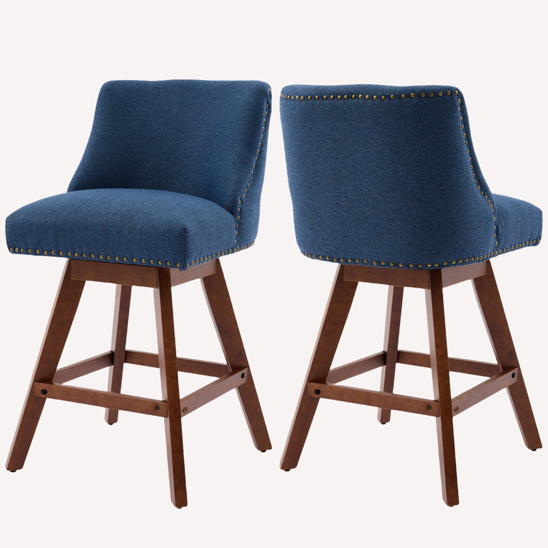 Tabouret de bar 26,6 po de hauteur Mid-Century pivotant en tissu avec pieds en bois massif brun, ensemble de 2	, bleu