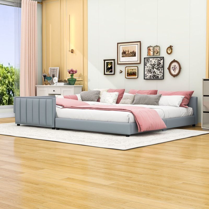 Yoli Queen Size PU Upholstered Platform Bed with Slats, Gray