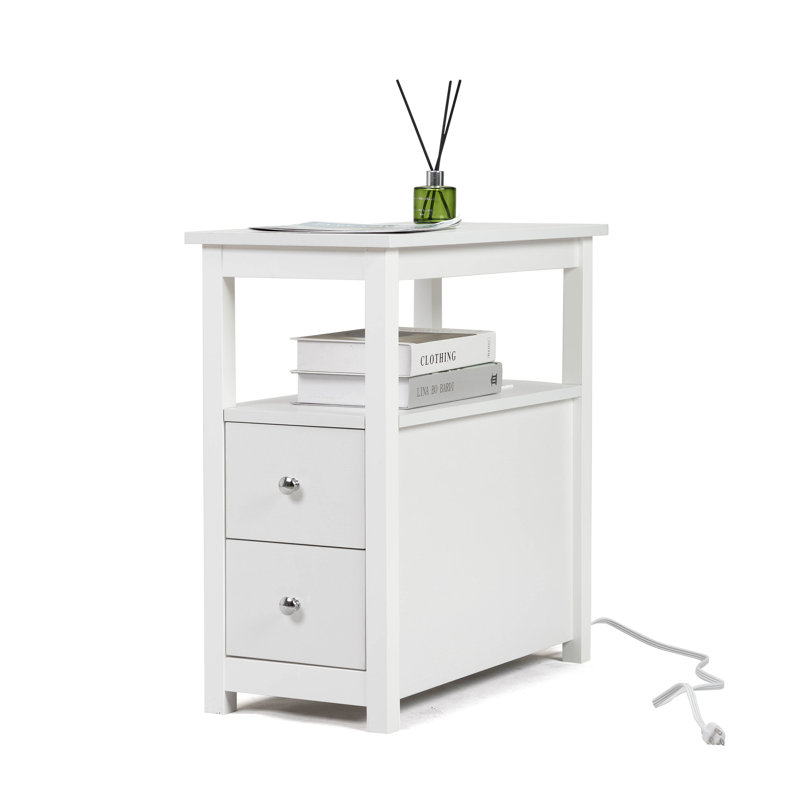 Nightstand with Charging Station & Outlets - Compact Side Table with 2 Drawers for Small Spaces, Bedroom or Living Room, White