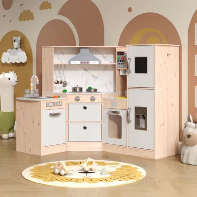 Grands ensembles de cuisine de coin en bois avec lumières et sons réalistes, machine à glaçons, évier, cuisinière, ensemble de cuisine de jeu de rôle créatif pour les enfants de 3 ans et plus (bois clair et blanc)