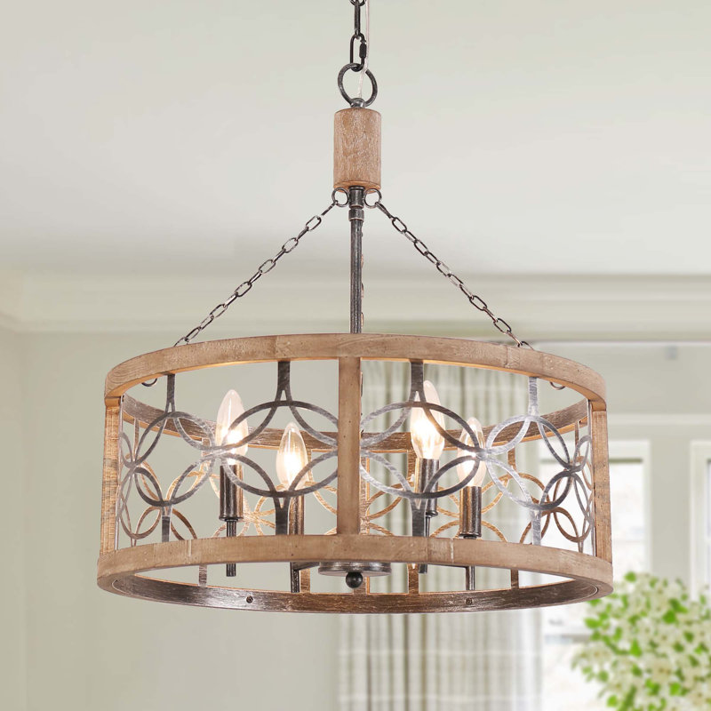Lustre tambour 4 lumières Farmhouse Antique, Bois patiné