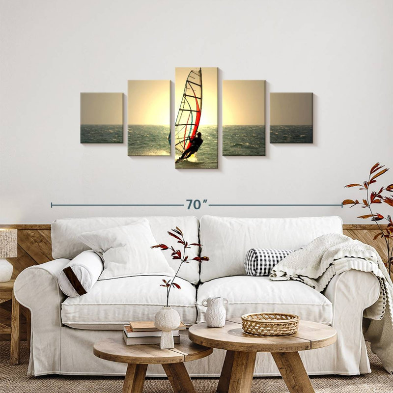 Planche à voile au coucher du soleil, H 24 po x l 55 po