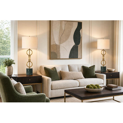 Marble Harmony Metal Table Lamp - Green Marble Base - Matte Gold Bronze - Set of 2