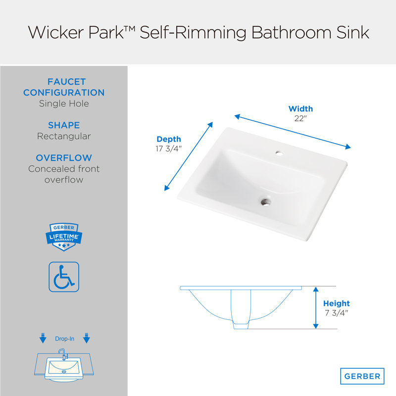 Lavabo de salle de bain rectangulaire encastré en porcelaine vitreuse blanche avec trop-plein, Simple