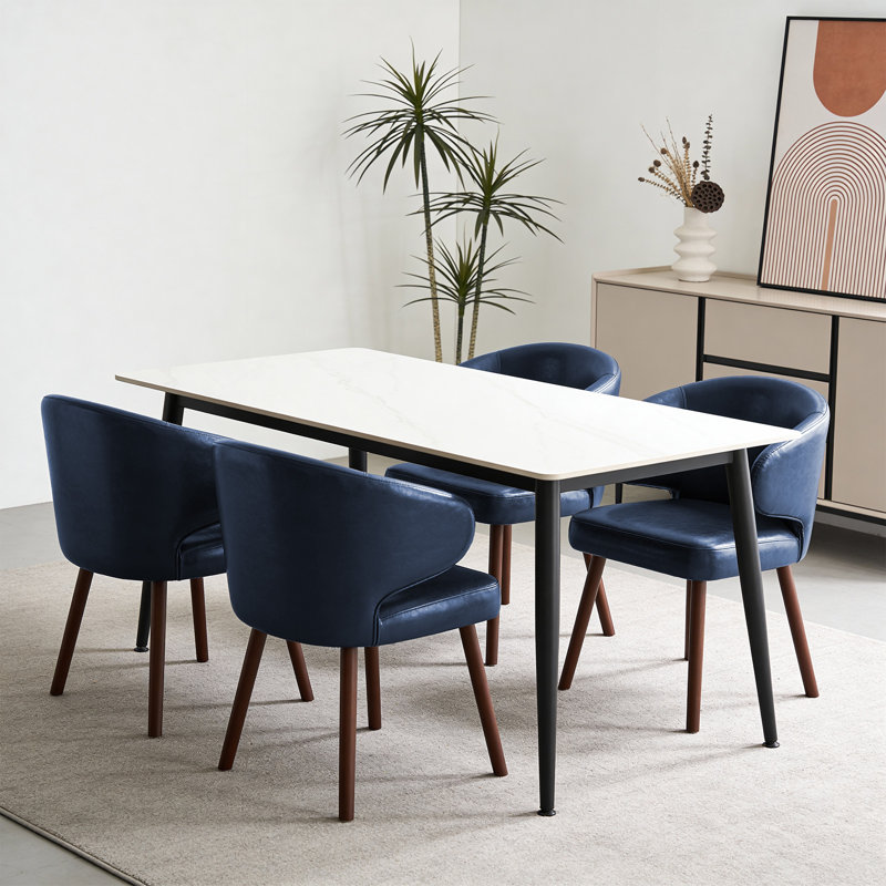 Chaise de salle à manger moderne en cuir PU avec dossier incurvé et pieds en bois massif, Bleu