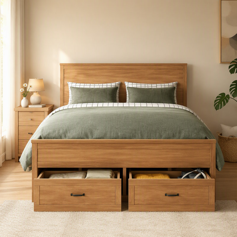 Structure de lit avec rangement moderne en bois avec 6 tiroirs, lit plateforme avec support en lattes de bois, Dérive en mer