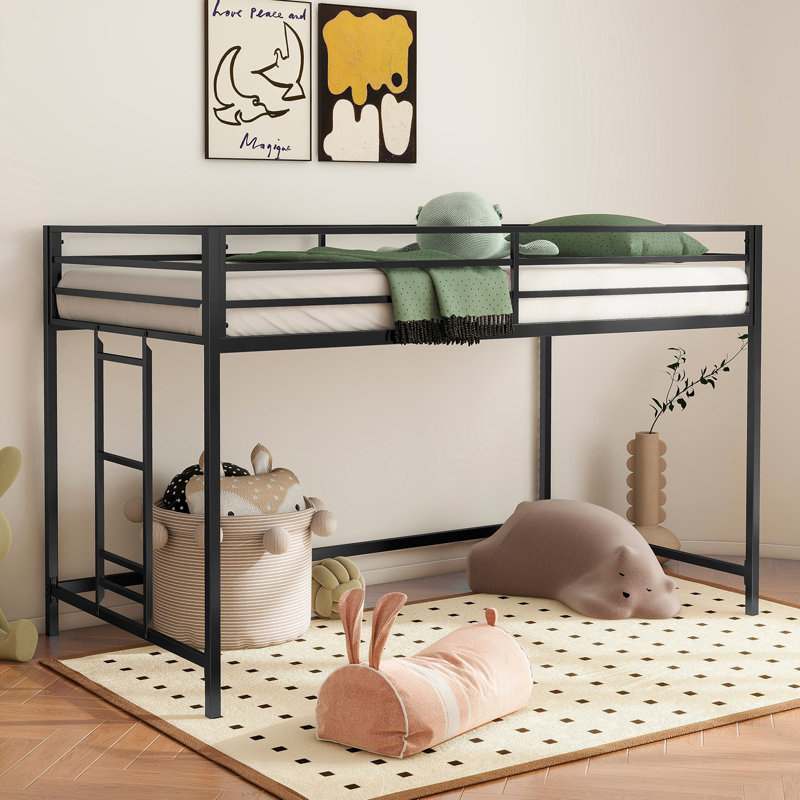 Lit mezzanine simple Adam noir robuste pour les enfants, peu encombrant, lit mezzanine avec échelle d'escalade facile et garde-corps, cadre de lit mezzanine pour la chambre à coucher
