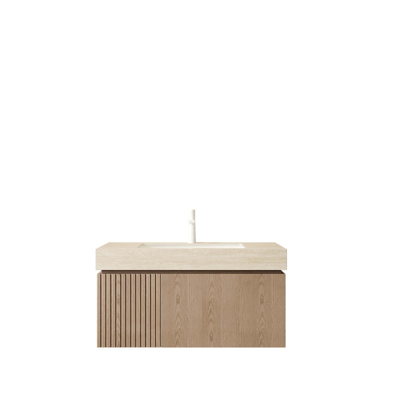 Meuble-lavabo de 36 po avec comptoir en pierre frittée, vasque en céramique et armoire de rangement en contreplaqué, pré-assemblé pour une installation facile