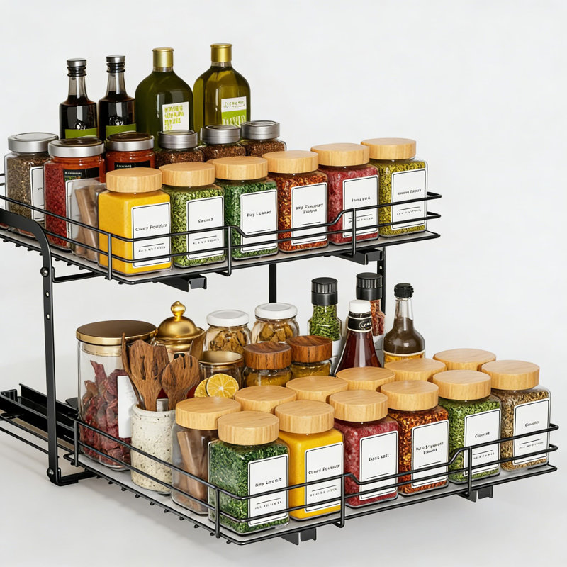 Étagère à épices robuste à 2 niveaux pour armoire et garde-manger - tablette ajustable en métal avec glissières à roulement à billes et garde-corps