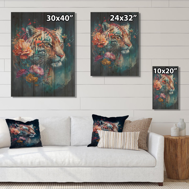 Mignon tigre, art floral II - impression sur bois sans cadre, H 40 po x l 30 po x P 1,5 po