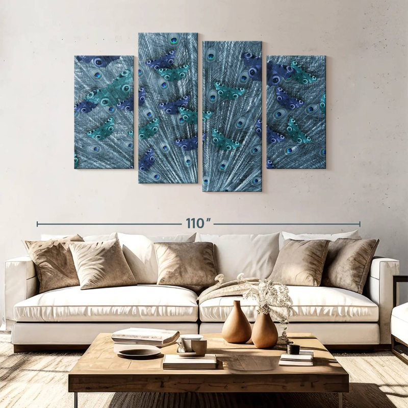 Papillons et plumes de paon, H 54 po x l 84 po