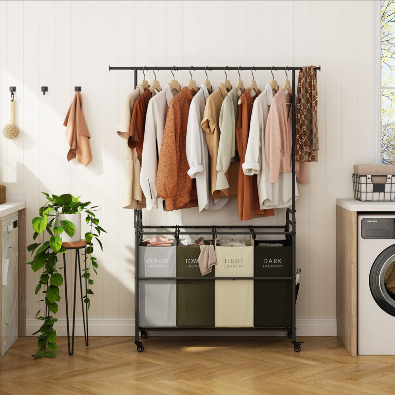 Black Metal Laundry Cart with Hanging Rack and Wheels